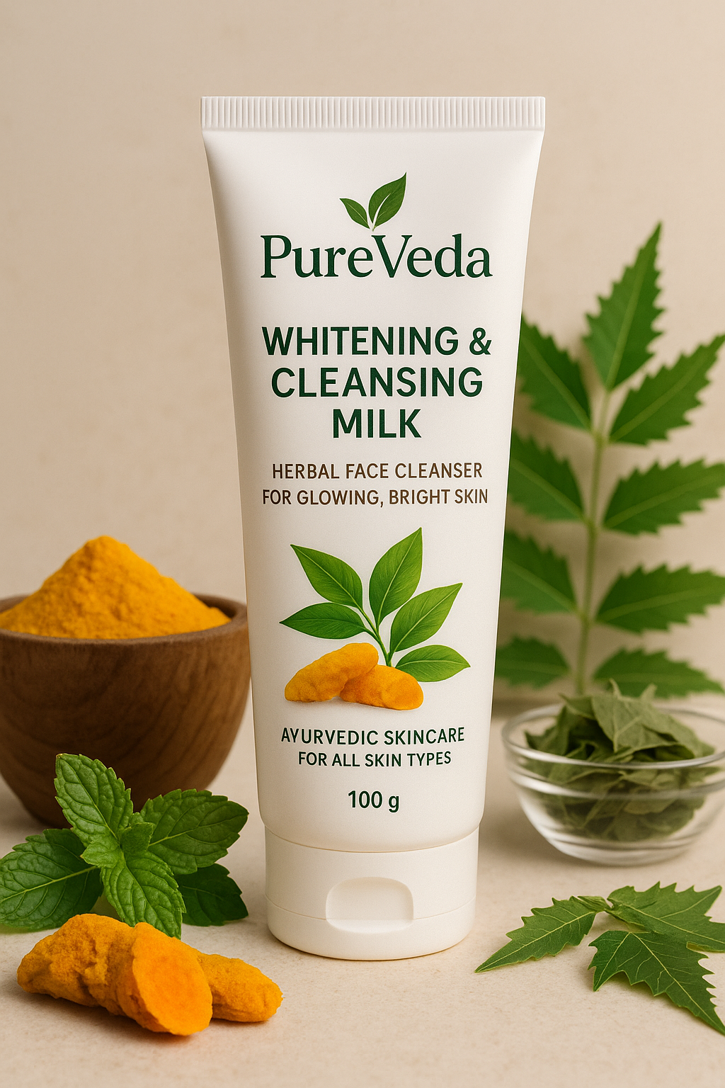 PureVeda Herbal Whitening & Cleansing Milk – Ayurvedic Face Cleanser for Glowing & Bright Skin (Pack of 2, 100g Each)